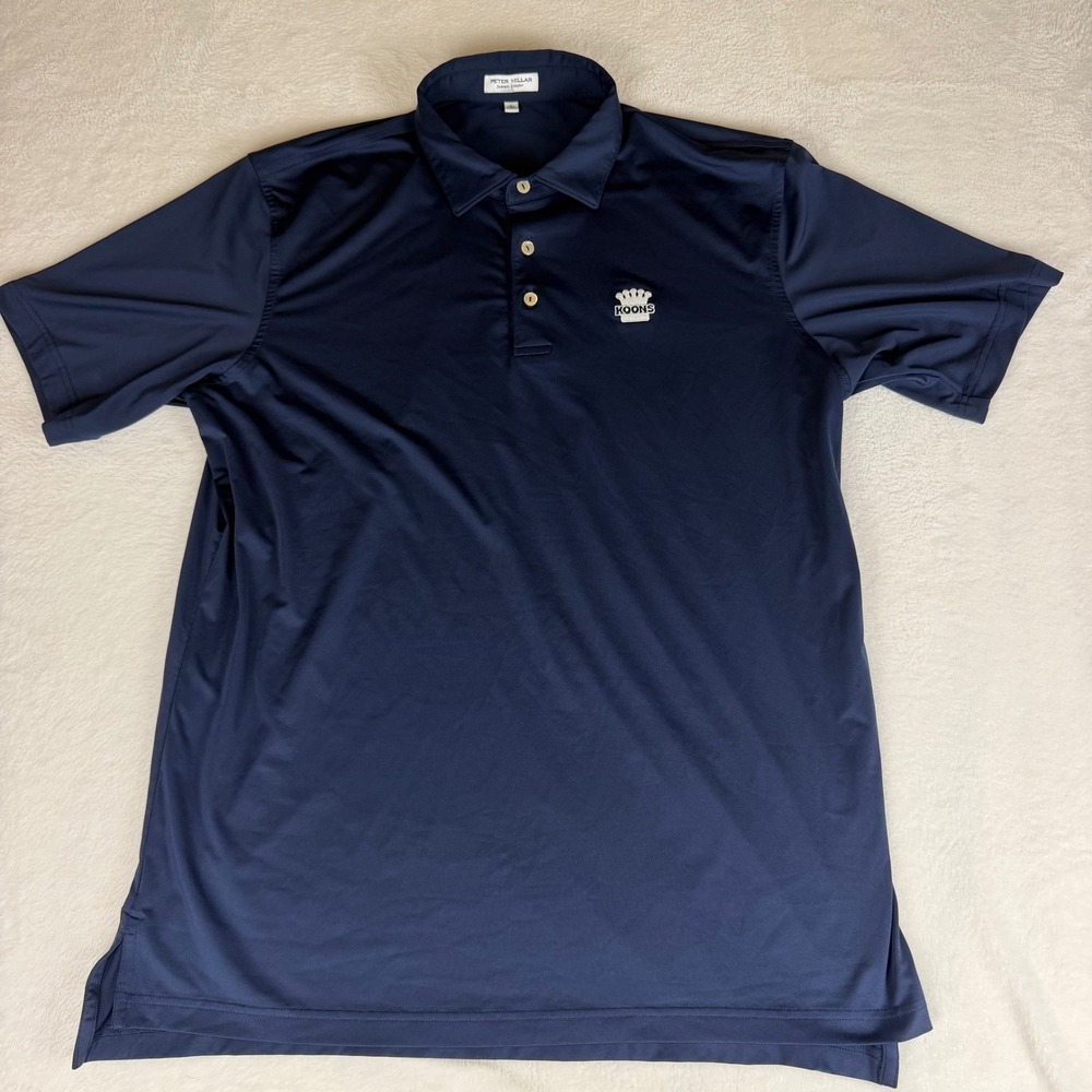 Peter Millar Summer Comfort Mens Large Navy Blue Polo Shirt Crown Logo Koons